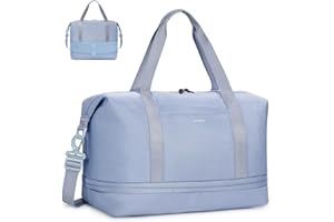 ECOHUB Extensible Sac de Voyage Femme, Bagage Cabine 40x30x20, Ryanair Sacs Cabine Avion avec Pochette Humide Amovible, Sac Weekend Maternité, Pet Recyclé Petit Bagage à Main, Bleu Clair, 20L-28L