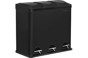 SONGMICS Mülleimer für die Küche, 54 Liter, Abfalleimer, Treteimer mit 3 Fächern, Inneneimern und 6 Aufklebern für Mülltrennung, Mülltrennsystem, schwarz LTB54B, 60,4 x 30 x 56,3 cm (L x B x H)