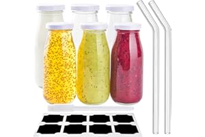 V·COLOKISHI 6Pcs 250ml Glass Milk Bottles With Lids, Reusable Juice Jars, Straws, Labels and Whiteboard Pen for Beverages, Weddings Decoration