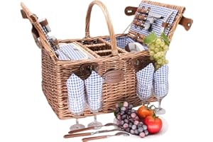 Les Jardins de la Comtesse - Kosz piknikowy Saint Germain Vichy Bleu - Izolowana komora na lodówkę - 3 szafki - Talerze ceramiczne - 48 x 35 x 26 cm