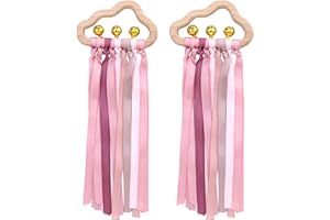 MIRACLE BABY Baby Wooden Ribbon Ring Toys, 2Pcs Rainbow Ribbon Rattle Ribbon Molar Wooden Circle Teether Sensory Toy for Babies Boys Girls (Pink)