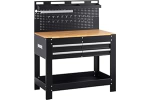 Meister Werkbank 1400 x 1140 x 610 mm - 200 kg Tragkraft - Vier Schubladen, Lochrückwand & drei Ablagefächer - Mit LED-Arbeitsleuchte & integrierter Steckdosenleiste - Aus Stahl / Werktisch / 9079700