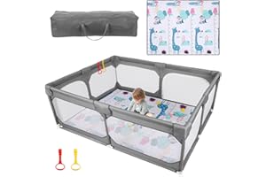 JINXIA Baby Playpen 190 x 150 cm, Baby Playpen for Babies with Soft, Breathable Mesh Fabric, Climb-Proof and Drop-Proof, Large Safety Playground, Grey