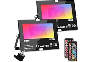 ChangM 2 x 50W Focos LED RGB Exterior, Foco LED Proyector Colores IP66, Foco 12 Colores con Control Remoto, 4 Modos, Función de Memoria y Temporizador, Decoración Jardín Fiesta Hotel