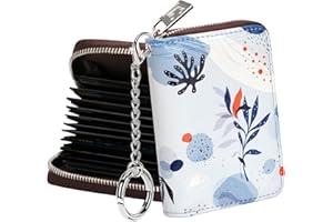 FurArt Cartera para tarjetas de crédito, tarjetero con cremallera para hombres y mujeres, bloqueo RFID, cartera con llavero, tamaño compacto, Azul (Leaves), S, Classic