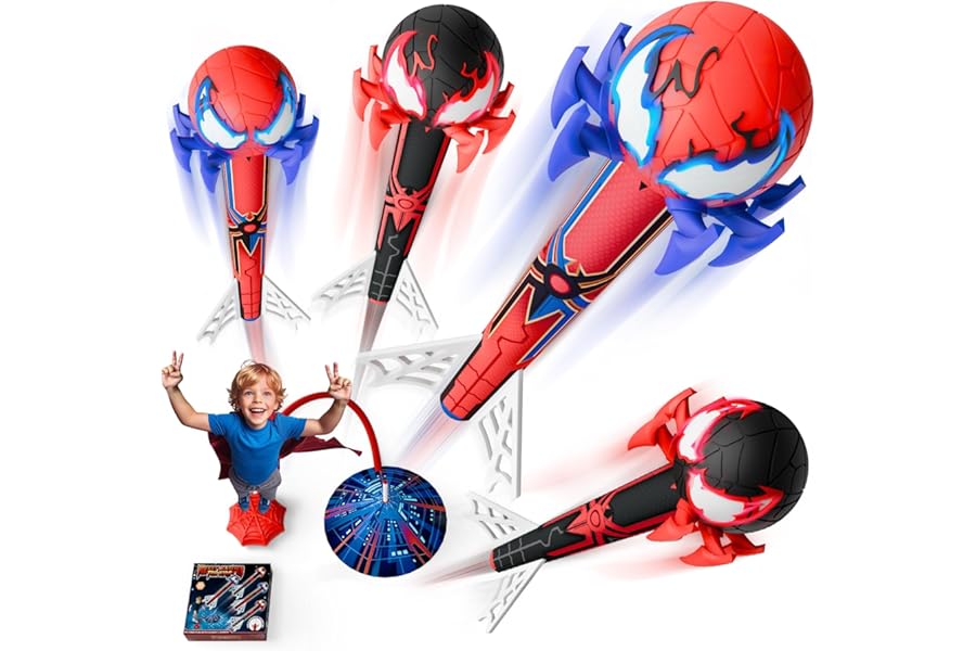 Outdoor Toys for 3-12 Years Old Boys,Rocket Launcher for Kids Toys Age 3-12 Years Old Boys Gifts Rocket with 4 Rockets & Web Air Pump Toddler Garden Toy Birthday Present Easter Gift for Kids