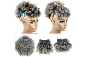 ALLYREETRESS Afro Puff Drawstring Ponytail with Bangs Pineapple Updo Hair for Black Women,Short Kinky Curly Ponytail Bun with 2 Bangs(#1B/GRAY)