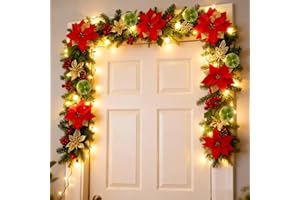 BORDEAG Guirnalda de Navidad con iluminación artificial, guirnalda de abeto rojo, 2,7 m, 50 luces LED, guirnalda de abeto para escaleras, chimenea, puerta de casa (2,7 m/rojo)