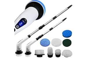 Tking Electric Spin Scrubber Electric Cleaning Brush Rotating Cleaner 3-Speed 300-500rpm & 8 Replaceable Brush Heads Waterproof Adjustable Extension Handle for Bathroom Kitchen Tub Tile Car Cleaning
