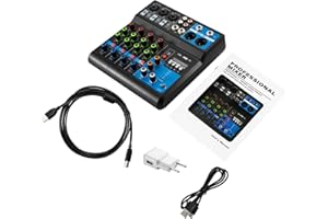 WEIGR Table de mixage audio à 5 canaux avec USB - Table de mixage DJ - Mixeur audio portable Bluetooth - 2 entrées micro - Pour microphones, guitares, basses, etc