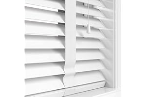 Funky Gadgets Faux Wood Blinds Wooden Grain window Venetian Blind 50mm Horizontal Smooth Slats with Tape White Silver/Grey TRIMMABLE Child Safe (White, W45cmxL150cm)