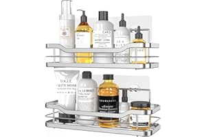 homeasy Shower Caddy, Shower Shelf Adhesive Bathroom Shelves Wall Mounted with 4 Movable Hooks for Hanging Razor and Towels Bathroom Accessories Organiser Storage Kitchen Rack No Drilling - 2 Pack