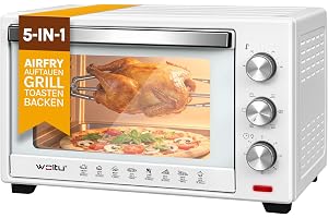 WOLTU 32L pizzaugn, liten elektrisk ugn med rotisserie | 4 motstånd, 60 min timer, temperatur 100–230 °C, 1 600 W, dörr med dubbla glasyrer