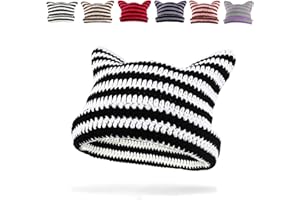 GLGHMH Women's Cat Ear Beanie Hat, Vintage Striped Winter Warm Elastic Cap, Matching Knit Crochet Cat Beanie Hat for Kids Girls Adults