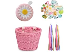 BAYINBROOK Cesta Bicicleta Niña, Cesta Bicicleta Delantera, Cesta Bicicleta Infantil, Accesorios Bicicleta Niña, Canasta de Manillar de Bicicleta, con Campanas, Serpentinas, Pegatinas