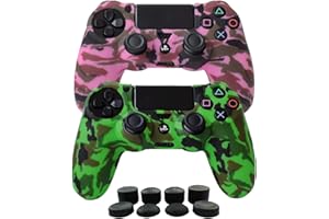 Hikfly Silicone Controller Cover Skin Protector Case Faceplates Kits for Sony Playstation 4 PS4/PS4 Slim/PS4 Pro Cntroller Video Games(2xCover with 8 x Thumb Grips Caps)(Green,Pink)