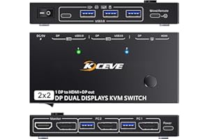 KCEVE Commutateur KVM DP Double Moniteur, switch KVM Displayport 2 en 2 sorties Prenant en Charge les Modes d'extension et de miroir, Sortie Moniteur HDMI et DP, Couche Unique de Version Améliorée