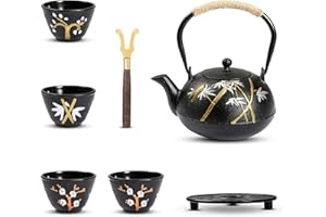 Dyna-Living Théière japonaise en fonte, 1200 ml avec infuseur, émail brillant à l'intérieur, théière en pin et bambou et prune, support de théière, théière en fer pour cuisinière