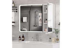 Buildonely Szafka łazienkowa z lustrem z oświetleniem 90 x 70 cm, z funkcją zapobiegającą zaparowaniu, sterowanie ekranem dotykowym, stop aluminium, bez montażu