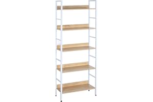 WOLTU RGB9303hei półka stojąca wysoka półka regał metalowa półka półka na buty półka łazienkowa klatka schodowa wykonana z drewna i stali, z 5 półkami, ok. 60 x 27,5 x 160 cm, biały + jasny dąb