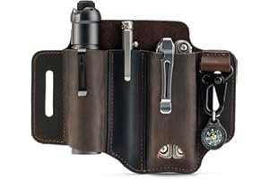 ‎HERREICHER Leather Sheath for EDC Organiser Leather Crazy Horse Belt Loop Multitool Holder with Key Holder Pen Holder Torch Holder Men's EDC Bags