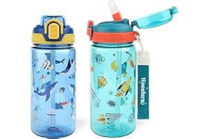 wooshwa Botella para Beber Campus Pop-up, 600ml Deportiva Botella Agua Niños con Pajita, Sin BPA y Apta para Lavavajillas (Cohete Verde y Animal Oceánico)