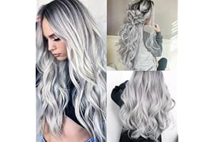 FENYW Halloween Perücke Damen, 70cm Lange Gewellt Ombre Schwarz Grau Perücken für Frauen, Ombre Silber Grau Lang Lockig, Lange Graue Perücken für Frauen Wurzeln Alltag Cosplay Kostümparty Halloween