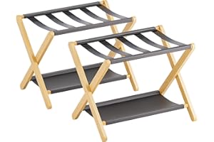 vovala Luggage Rack, Set of 2, Folding Suitcase Stand with Storage Shelf, Premium Bamboo Luggage Holder for Guest Room, Bedroom, Hotel, Closet, Holds up to 61 kg (Natural)