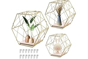PEESHON 3 Pezz Scaffali Esagonali Galleggianti Montati A Parete,Scaffali Galleggianti In Metallo E Legno,Mensole Decorative Fissate Al Muro per Camera Da Letto, Soggiorno, Ufficio, Cucina(Oro)
