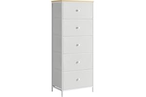 SONGMICS Chest of Drawers Bedroom, Drawer Storage Unit, Dresser with 5 Fabric Drawers, Metal Frame, Tall and Slim, for Closet, Camel Yellow and Cream White LTS315W01
