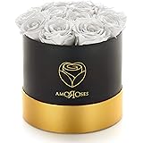Amoroses 12 Stabilised Roses Last for Years - Gift Idea Preserved Roses Elegant Bouquet for Anniversary and Other Special Occasions (Black Box with White Roses)