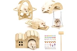 REYSHIN 5 Stück Hamster Spielzeug aus Holz, Hamster Versteck Haus DIY Brücke Wippe Schaukel und Trainingspielzeug Käfig Dekor Zubehör Hamster Spielplatz für Rennmäuse Ratten und Zwerghamster