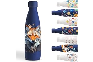 Water Bottle 500 ml, Stainless Steel BPA-Free, Leak-Proof Sports Water Bottle, Personalised for Wolf Head, Water Bottle for School, Camping, Running, Bike, Dark Blue
