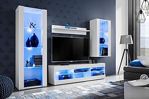 Komodee Wohnwand Wohnzimmerset Tivoli Medio, Weiß/Weiß, Breite 245cm x Höhe 159cm x Tiefe 35cm, LED Blau, für Wohnzimmer, Schlafzimmer