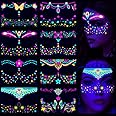 Neon Face Temporary Tattoo,8 Sheet Glow in the Dark UV Neon Face Tattoo Flash Fake Butterflies Waterproof Tattoos Stickers for Festival Makeup Rave Accessories