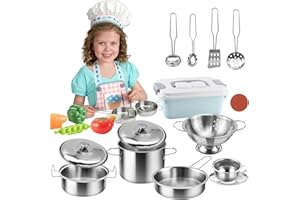 LONNEY 14 STK Matschküche Zubehör, Kinderküche Zubehör Spielküche Küchenzubehör Kinder Edelstahl Küchenzubehör für Töpfe, für Kinder Ab 3 Jahren