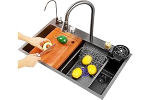 CALISTOUK Cocina Fregadero, Fregaderos Cocina, Fregadero de cascada Raindance de acero inoxidable con grifo extraíble, Lavadora automática de tazas, Fregadero de cocina negro, Kitchen Sink (80*46cm)