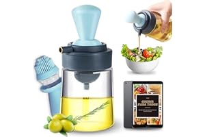 CAVECA Aceitera Dispensador de Aceite con Brocha Silicona + Regalo, AHORRA ACEITE con Aceitera Cristal 350ml, Dosificador 3 en 1, Aceitero con Dispensador Aceite, Difusor de Aceite para Cocina.