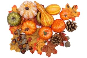 GOIYZTTR 50 Stück Künstlicher Kürbis Ahornblatt Kiefernzapfen Eichel Dekorations Set Geeignet für Familien Außen und Innen Dekorieren von Thanksgiving, Halloween-Partys und Herbstpartys