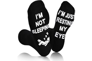 JUGHIGH Novelty Funny Socks for Men Women I'M NOT SLEEPING I'M JUST RESTING MY EYES Socks Unisex Cotton Calf Socks with Grippers Non-Slip Christmas Stocking Fillers Gifts for Him Boys Dad Uncle Grandad