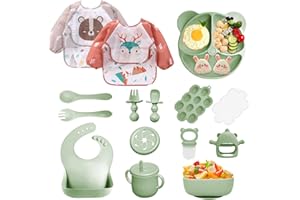 Bizcasa Set Pappa per Bambino, 14 Pezzi, Set Pappa Svezzamento per Bambini in Silicone, Senza BPA, Antiscivolo con Ventosa Piatto Cucchiai Ciotola Tazza Bavaglino (Verde)