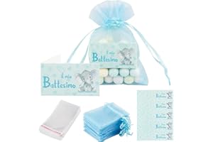 BETESSIN 50Pz Sacchetti Battesimo Bomboniere Blu 50pz Bigliettini Il Mio Battesimo Portaconfetti 100pz Sacchetti Palstica Regalo Addobbi Decorazioni Battesimo Nascita Feste Bambino Bimbo