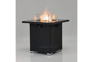 REALGLOW Coreglass Rattan Gas Square Fire Pit - Heat Adjustable 13KW Outdoor Fire Pit - Standing & Table Use - Easy Ignition - 27mm Regulator, Black