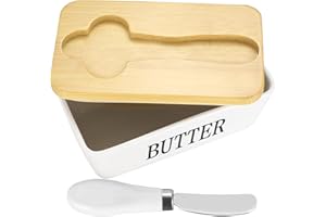 BAYIDUN Butterdose mit Deckel und Buttermesser, Butterschale Porzellan mit Holzdeckel, Butterdose Aufbewahrung Butterbox Keramik mit Silikon Luftdicht für Haushalt Küche für 350ml Butter