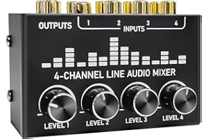 Aveek Mini Audio Mixer,petite console de mixage à 4 canaux RCA stéréo à très faible bruit avec contrôles de volume individuels pour microphone,guitares,claviers,table de mixage pour la scène