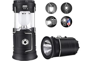 VENGA AMIGOS Portable LED Camping Lantern,1200mAh Rechargeable Solar USB Torch and Tent Lamp Power Supply for Phone,Upgrade Collapsible Camping Lights for Fishing,Emergency Hiking Outdoor (Black)