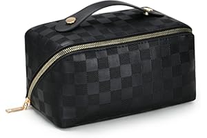 Aucuu Bolsa de cosméticos de Viaje de Gran Capacidad para Mujeres y niñas, Bolsa de Maquillaje de Almacenamiento en Capas Impermeable de Cuero de PU (Negro a Cuadros)