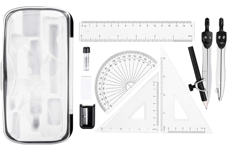 Amazon Basics 10-Piece Maths Kit - Includes Compasses, Lead, Rubber, Sharpener, Protractor, Triangles, Ruler and Carrying Box