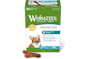 WHIMZEES Szczoteczka, gryzaki dentystyczne dla małych psów, przysmak do pielęgnacji zębów, rozmiar S, 30 sztuk (opakowanie miesięczne), bez dodatku cukru, bezzbożowe, naturalne, niskotłuszczowe