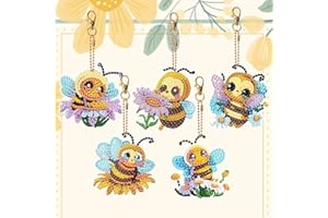 SPEPROECO 5Pcs Diamond Art Keychains Cute Bee Double Sided 5d Diamond Painting Bee Keyrings Kits for Adults Kids DIY Keychain Kits for Handbag Pendant Decoration